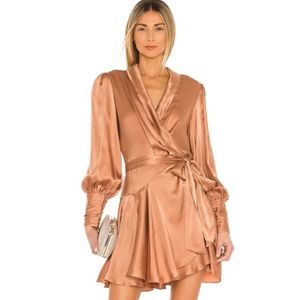 Zimmerman Silk Wrap Mini Dress in Biscuit Brown Size 1 (Small)